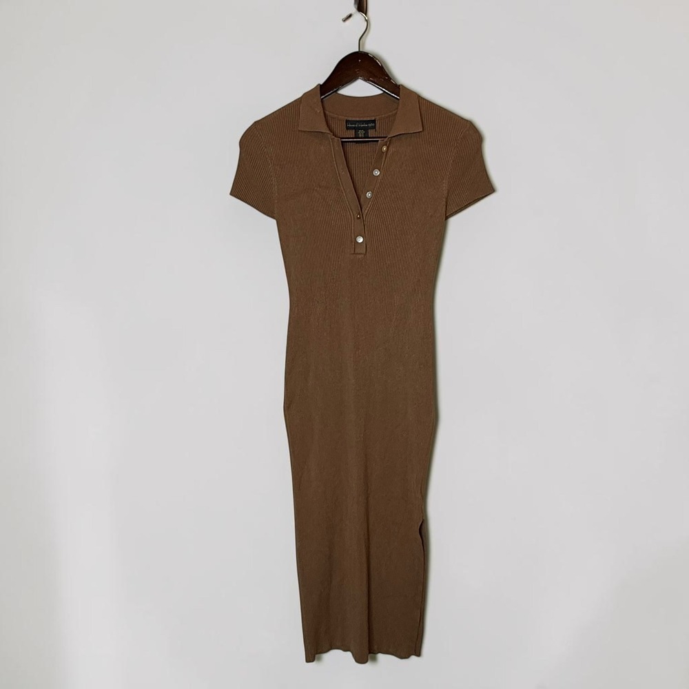 House of Harlow 1960 Polo Ribbed Knit Midi Sweater Dress Bodycon Slit Brown XS